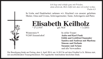 Traueranzeige von Elisabeth Keilholz von Pegnitz-Zeitung